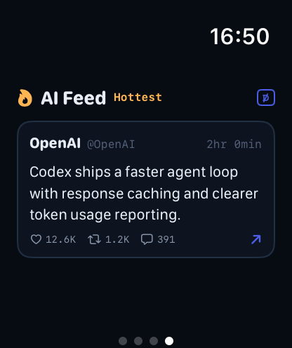 TokenRemain Apple Watch AI Feed page: a curated post card on the wrist